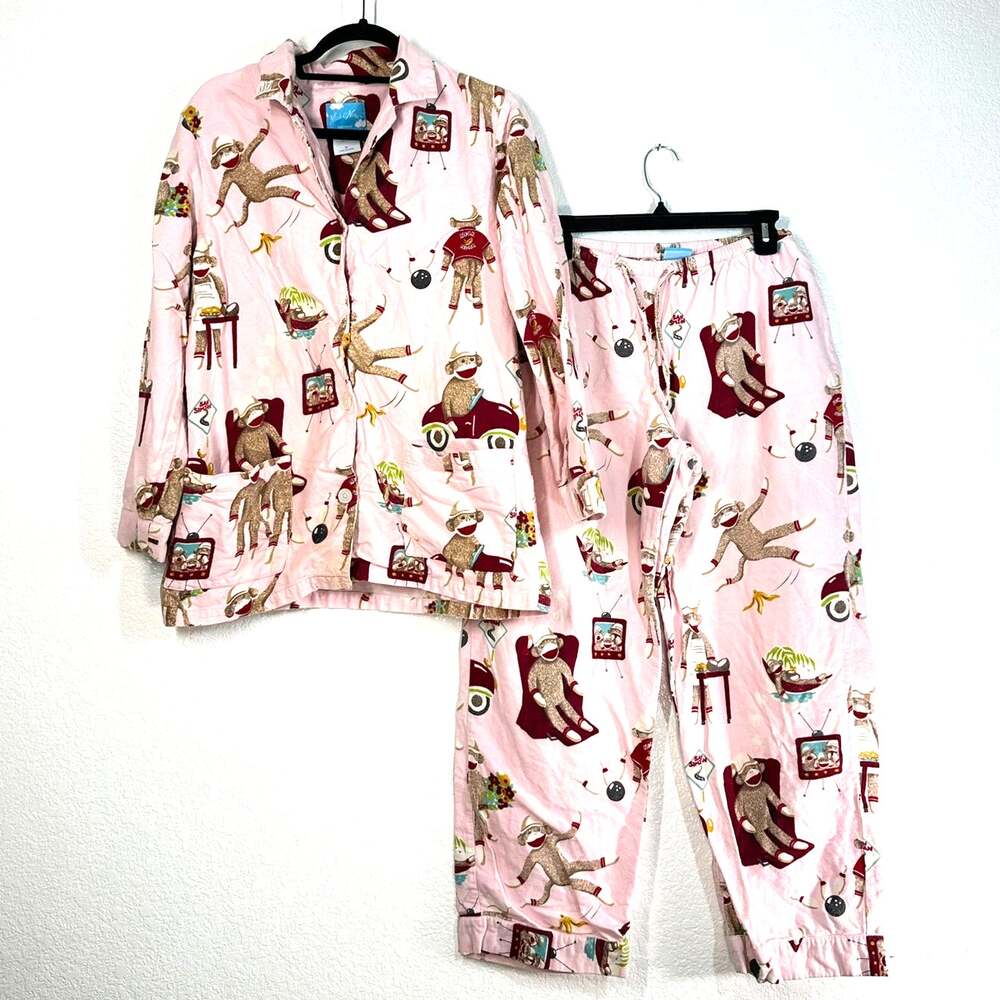 M vintage Nick & Nora pink Flannel Sock Monkey pajama set Y2K-era novelty print